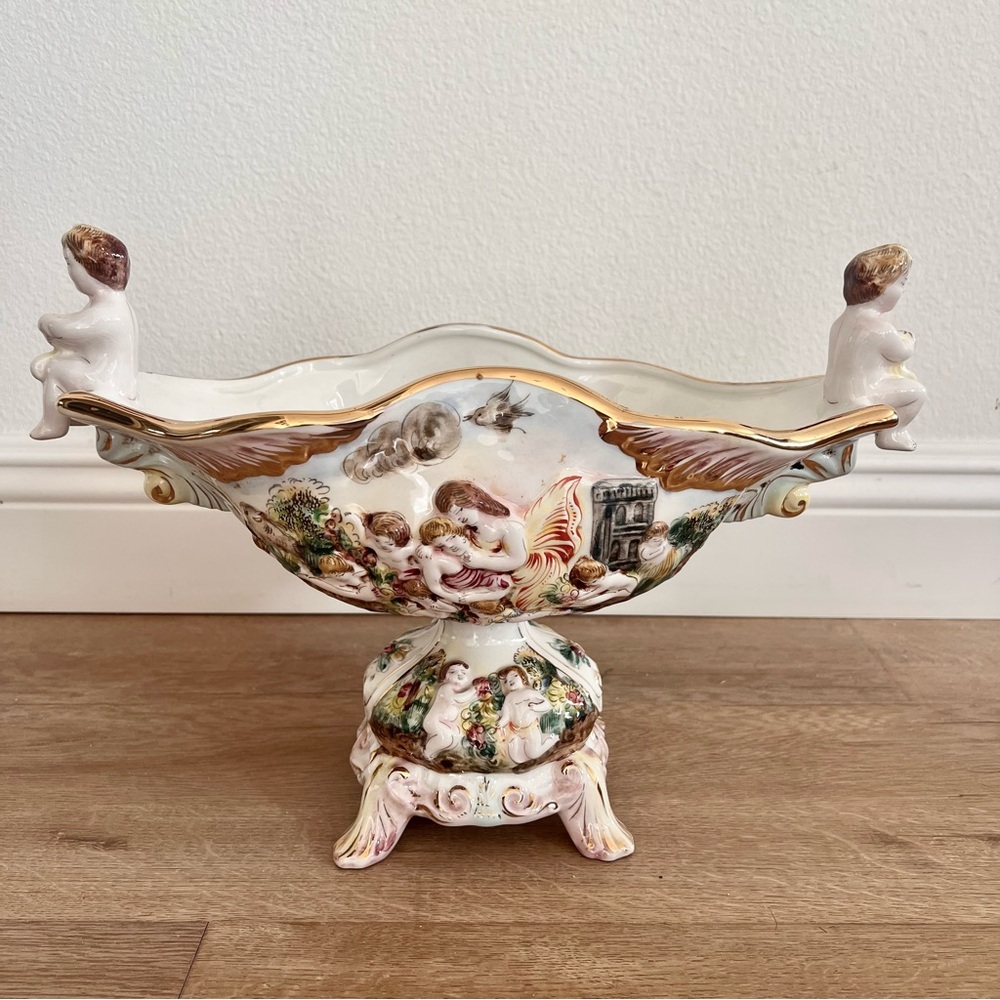 Vtg M.A.S R. Capodimonte Italy Large Porcelain Centerpiece Footed‎ Bowl Cherubs